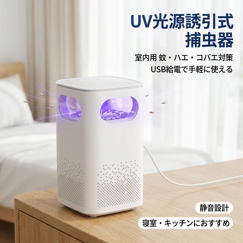 【商品詳細】 カラー：ホワイト、ブラック サイズ：120*120*195mm 電源：DV5v-1A 定格電力:5w 定格電圧：5v 定格周波数：50HZ コードの長さ：120cm モード：毎分2400回転 【商品機能】 FEVERシステムは体温放出をシミュレートして蚊を誘引し、トラップ能力をさらに強化します。 USB充電式、誘虫灯付き、充電便利、静音、、高い安全性能、366nm紫外線、蚊の収納ボックスの取り外しが可能で 30dB、バイオニック二酸化炭素誘虫 【商品特性】 様々な場所で活躍 書斎 寝室 レストラン リビング 廊下 ダイニング キッチン ベッドルーム 子供 部屋 倉庫 飲食店 屋外 屋内 幼稚園 【適用シーン】 お祝い ギフト 贈り物 お誕生日 内祝い 引き出物 引っ越し 新居 新築 改築 卓上 母の日 在宅勤務 寝室 入学 父の日 クリスマス 学生 10代 20代 30代 40代 サラリーマン ポイント消化 コバエ 駆除 蚊 対策 蚊取り器 家庭用蚊取り器 捕虫器 コバエ 駆除 蚊取り器 殺虫器 3重構造 USB充電式 無音設計 省エネー 無音 静音 害虫 羽虫 蚊ランプ 手測りのため、少し誤差がございます。 注意事項 ・ラッピング対応は行っておりません。 ・予告なく仕様変更になる場合がございます。 ・写真はイメージです。実際の商品と若干異なる場合がございます。 ・基本は全国一律送料無料と対応させていただきますが、沖縄・北海道・離島地域へお届けの場合は別途送料をご請求させていただきます。 ・商品のサイズは採寸方法によって、若干な誤差が生じる場合はあります。ご了承ください。 品質保証 ・出品商品は全て新品未使用です。 ・安心の初期不良対応 ：万が一商品に不具合があった場合は、商品到着後7日以内にご連絡ください。 ・不具合の状況確認のため、写真や動画のご提供をお願いする場合がございます。確認後、速やかに「新品交換」または「ご返金」にて対応させていただきます。 ・お客様に安心してご購入いただけるよう、誠心誠意サポートいたします。「悪い評価」を付ける前に、まずはお気軽にご相談ください。 検索関連ワード 吸引式 捕虫器, 蚊取り器, 蚊退治, 蚊対策, ハエ取り, ハエ対策, コバエ駆除, コバエ取り, 虫対策, 室内用 虫よけ, 室内 捕虫, UV誘引灯, 誘虫灯, 虫が寄るライト, 366nm UV, UVランプ, FEVERシステム, バイオニック二酸化炭素, 据え置き式, 卓上型, デスク置き, キッチン用, 寝室用, リビング用, オフィス用, 書斎用, 廊下用, ダイニング用, ベッドルーム, 子供部屋, 幼稚園, レストラン用, 飲食店, 倉庫, 屋内, 玄関周り, 屋外兼用, USB給電, USB充電式, 5V 1A, 定格電力5W, コード120cm, 省エネ, 静音 30dB, 無音設計, 駆除 3重構造, 虫の収納ボックス, 取り外し可能, 安全設計, 害虫, 羽虫, 蚊ランプ, ハエランプ, コバエランプ, 新生活, 引っ越し, 新居, 新築, 入学, 在宅勤務, 母の日, 父の日, 誕生日, クリスマス, ギフト, プレゼント, 贈り物, 内祝い, ポイント消化, 楽天スーパーSALE, お買い物マラソン, 室内 省スペース, コンパクト, ホワイト, ブラック注意事項：モニターの発色により、実物と異なる場合がございます。