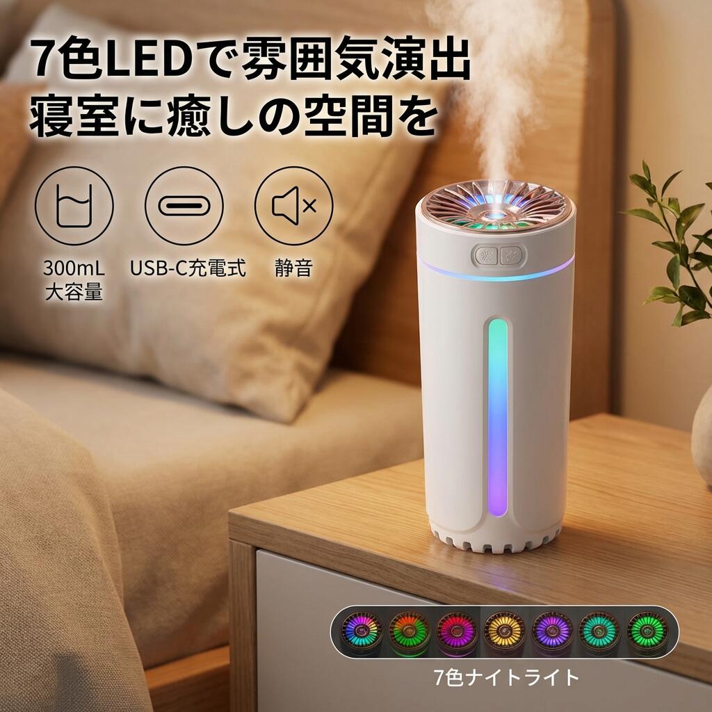 【7色LEDで雰囲気演出】超音波式 加湿器 卓上 USB充電式 300ML 大容量 静音 ナノミスト 省エネ 空焚き防止 車載 部屋 オフィス デスク 乾燥対策 かしつき ミスト ポイント消化 プレゼント ギフト 人気 おすすめ 母の日 父の日 誕生日