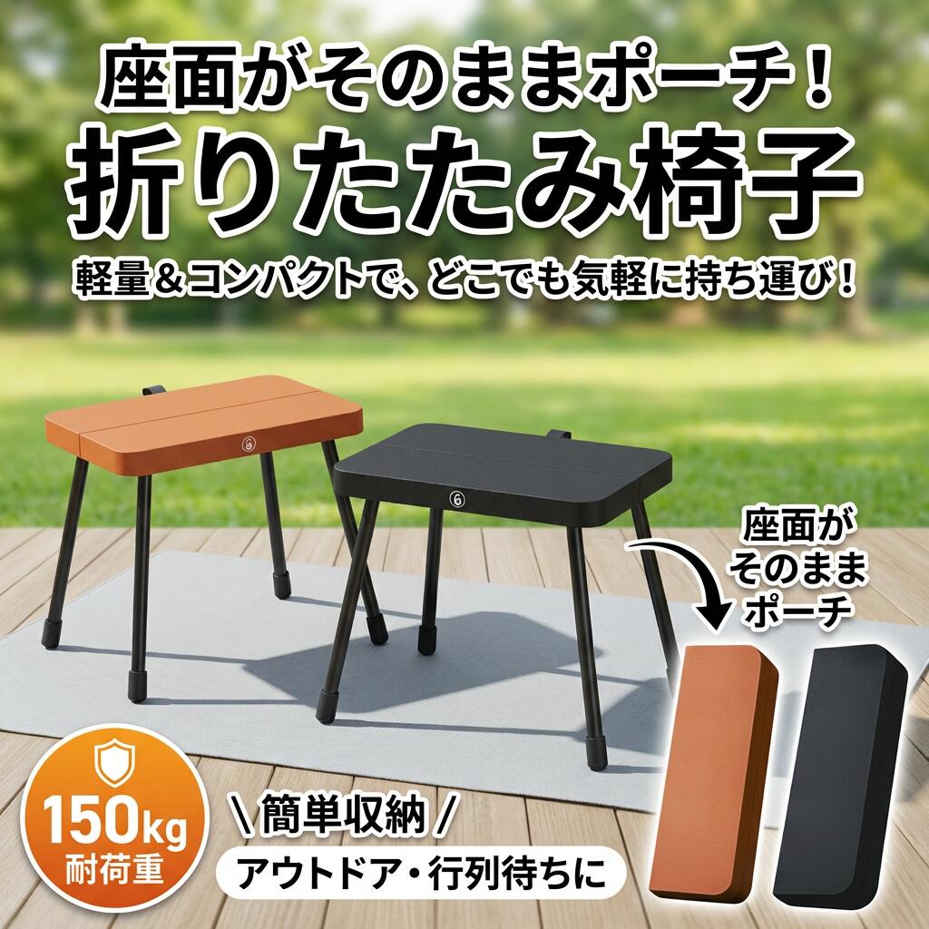 重量：505g 収納サイズ：29105cm 材質：PP＋アルミニウム合金 展開サイズ：292025cm カラー：ブラウン/オリーブグリーン/ブラック 強靭な耐荷重100kg：アルミニウム合金四脚構造で安定性抜群、強固な骨格とコンパクト収納を兼備。 超簡単ワンタッチ展開：カチッと音が鳴るまで押すだけで即座に組み立て完了、収納も同様に簡単。収納時の薄さと軽さを徹底追求した旅行用チェア。専用収納袋不要でそのままバッグイン可能な利便性。 驚異の携帯性：折りたたみ時は厚さ5cm・505gと超軽量、バッグや車載に便利なストラップ付属。 全天候型耐久設計：エンジニアリングPP樹脂+防錆アルミ合金で雨風にも強い。 マルチシーン対応：キャンプ・釣り・花火大会・子供の送迎・ガーデニングなど年間通じて活躍。 画像は、ご覧になっているモニタ一やPCなどの環境により実物と多少カラ一が異なる場合がございます。 サイズは平置き、実寸のため1-3cm程度誤差が生じる場合がございます。予めご了承ください。 検索キーワードは商品の説明ではございません。 検索キーワード： 耐荷重約100Kg 万博 などでも注目の折りたたみチェア 折りたたみ椅子 折りたたみチェア アウトドア チェア キャンプ 椅子 ミニチェア コンパクト 軽量 折り畳み 瞬間収納 アルミ コンパクト 携帯 持ち運び ミニ 釣り 写真撮影 焚き火 お花見 花火大会 BBQ 行列 運動会 法事 ハイキング 登山 ポータブル 折りたたみイス 折りたたみチェア アウトドア チェア ミニチェア イス いす 小さい 室内 おしゃれ 収納袋一体式 折畳 子供 小型 休憩 簡単組立 電車 収納 登山 ポータブル 注意事項 ・ラッピング対応は行っておりません。 ・予告なく仕様変更になる場合がございます。 ・写真はイメージです。実際の商品と若干異なる場合がございます。 ・基本は全国一律送料無料と対応させていただきますが、沖縄・北海道・離島地域へお届けの場合は別途送料をご請求させていただきます。 ・商品のサイズは採寸方法によって、若干な誤差が生じる場合はあります。ご了承ください。 品質保証 ・出品商品は全て新品未使用です。 ・安心の初期不良対応 ：万が一商品に不具合があった場合は、商品到着後7日以内にご連絡ください。 ・不具合の状況確認のため、写真や動画のご提供をお願いする場合がございます。確認後、速やかに「新品交換」または「ご返金」にて対応させていただきます。 ・お客様に安心してご購入いただけるよう、誠心誠意サポートいたします。「悪い評価」を付ける前に、まずはお気軽にご相談ください。 折りたたみ椅子, 折りたたみチェア, 折り畳み椅子, 折り畳みチェア, ミニチェア, ポケットチェア, コンパクトイス, 小さいイス, イス いす, ポータブルチェア, アウトドアチェア, キャンプチェア, 釣り用チェア, 休憩チェア, 行列待ちチェア, 万博, 耐荷重約100Kg, 耐荷重150kg, アルミ合金脚, アルミ脚, PP樹脂, 防錆アルミ, 505g 軽量, 軽量コンパクト, バッグイン, 携帯式, 携帯ポーチ一体, 座面がそのままポーチに, 収納一体式, 収納袋一体式, 瞬間収納, ワンタッチ展開, ワンタッチ組立, カチッと展開, 組み立て簡単, 組立簡単, 薄型収納, 29105cm, 292025cm, ストラップ付属, 車載, 車載用, 電車移動, 室内用, オフィス休憩, ガーデニング, 花見, 花火大会, BBQ, 写真撮影用, 焚き火, 子供用, 子供の送迎, 運動会, 法事, ハイキング, 登山, 旅行, トラベル, おしゃれ, かわいい, ブラウン, オリーブグリーン, ブラック, 高見え, プレゼント, ギフト, 新生活, 母の日, 父の日, 誕生日, ポイント消化, 送料無料, 楽天スーパーSALE, お買い物マラソン注意事項：モニターの発色により、実物と異なる場合がございます。