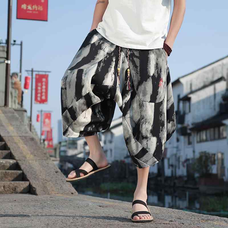樂天商城 - クロップドパンツ メンズ 七分丈 ズボン 水墨画 ダーク 柄入り チャイナ 中国 レトロ 中華 バルーン パンツ 夏 薄手 ゆったり ワイド バレル