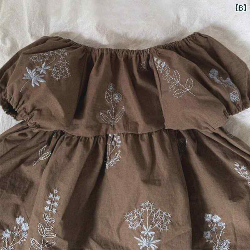 ワンピース 女児 キッズ ベビー 夏物 子供 1歳 2歳 3歳 4歳 レトロ 無地 刺繍 パフ...