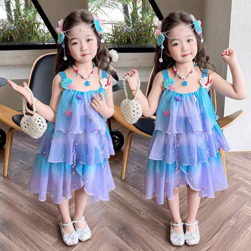 Rakuten - ワンピース キッズ 女の子 夏 プリンセス 人魚 マーメイド 貝殻 装飾 かわいい グラデーション ドレス シフォン ノースリーブ キャミソール フレア 接触冷感 リゾート ビーチ プール