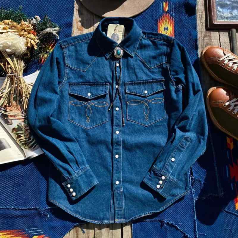 乐天商城 - デニムシャツ メンズ おしゃれ 長袖 ウエスタン アメリカン ヴィンテージ風 刺繍 ポケット ウォッシュド 春秋 カジュアル