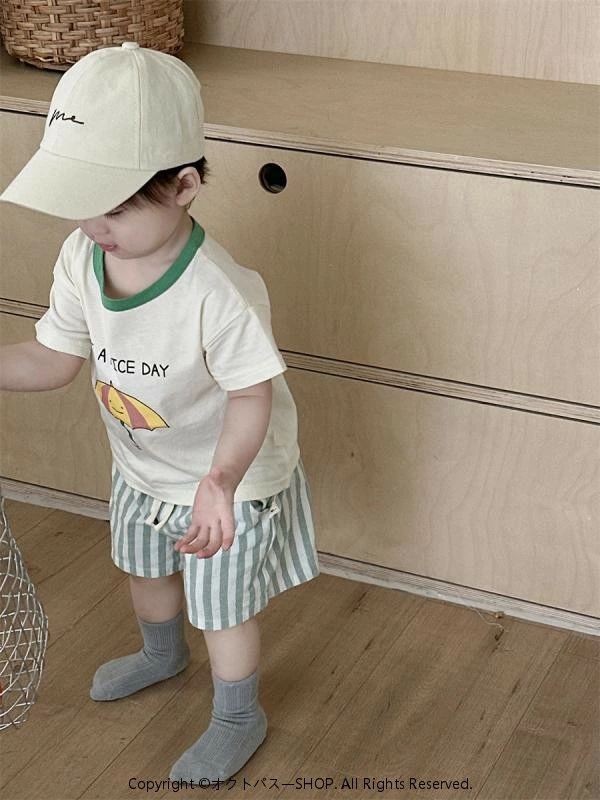 Rakuten - キッズ 男の子 薄手 半袖 Tシャツ ストライプ ショートパンツ アップ 綿 コットン 柔らかい肌触り 韓国風 ベビー服 春夏 普段着 ルームウェア 2点セット
