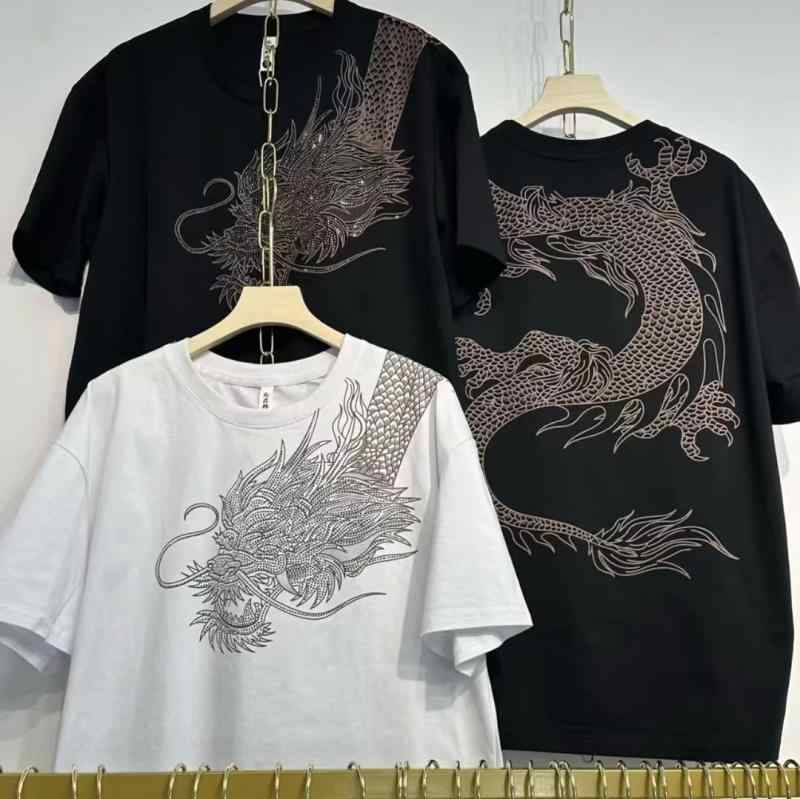 Rakuten - Tシャツ メンズ 男性用 綿 コットン 夏 ゆったり ルーズフィット クルーネック 半袖 肩越し 龍 ドラゴン プリント ラインストーン ストリート系
