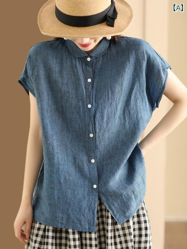 Rakuten - レディース カジュアル シャツ 女性用 コットン シャツ 夏 ゆったり 綿 半袖 トップス 万能 襟付き 着回し