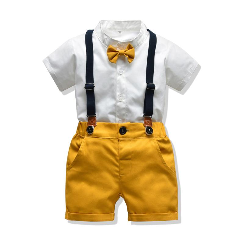 Rakuten - セットアップ 男の子 キッズ 子供服 半袖 サロペット ショートパンツ 2点セット 欧米風 ジェントルマン 紳士 フォーマル 発表会 演奏会 結婚式 春夏秋 綿素材 柔らかい 黄色