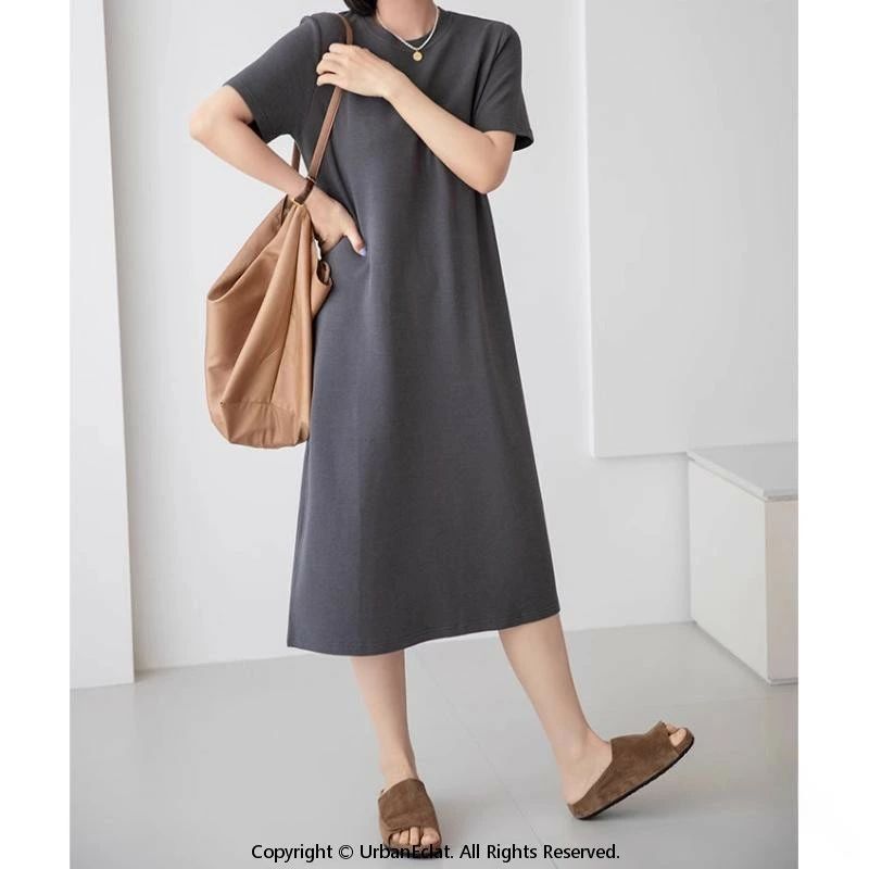 Rakuten - 夏 レディース ワンピース シンプル ストレート ショートスリーブ Vネック 綿素材 軽量 伸縮性 吸湿速乾 ビッグシルエット スリム カジュアル 楽ちん バケーション ビーチ