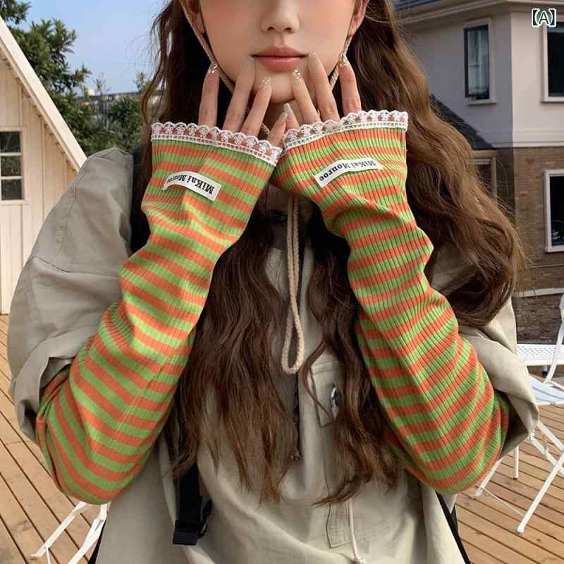 アームカバー レディース 女性用 コットン 綿 ストライプ 切り替え レース スリット 接触冷感 UVカット 日焼け対策 ゆったり かわいい 春夏 アウトドア