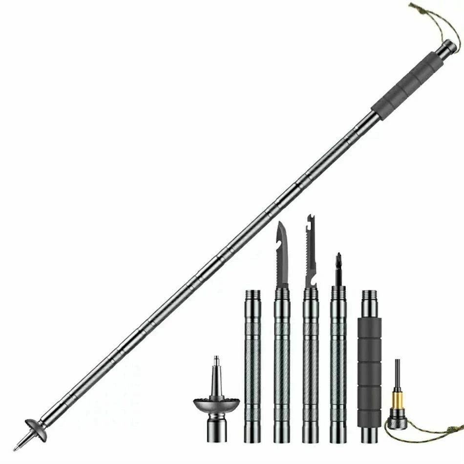 【高品質素材】高品質のアルミニウム合金素材で作られて、本体が丈夫で錆でにくい一方で、耐熱性と防腐性も優れています。野外の酷い天気の中でも使用寿命が長いです。グリップが柔らかいクッション材で汗がかいても滑り難いです。 【多機能付き】パイプと各ツールを組み合わせ出来ます。ナイフ、鋸、ドライバー、呼び子、火打ち石、コンパスなどの機能が付きますので、野外でいろんな状況を対応できます。アウトドアEDCツールとして、キャンプ、ピクニック、狩りに最適です。筋力トレーニング、合気道、棒術、杖術、空手などの鍛練用棒も対応可能です。 【幅広い適用シーン】ナイフ、鎌の機能が付いてるので、野外で料理を作る時、包丁として使えます。ライトを忘れた場合、火打ち石が役に立てます。プラス、マイナスのドライバーも付いてるので、車修正などに活用できると思います。万が一、郊外で道に迷ったら、呼び子で助けを求めて、コンパスで方向を見定めることができます。いろんなシーンに適用します。 【負担低減】トレッキングポールには足裏や下半身の関節にかかる負担を軽減する。 リズミカルに足を運ぶ助けになり、疲れにくくなる。キャップを1個を付けて、滑りやすい地面や、小川、雪道の渡渉など、不安定な地形を安全に歩く際の補助になります。 パッケージ内容 ハンドル*1 連接棒*4 先端*1 スノーパスケット*1 ドライバー*1 鎌*1 戦術刀*1 呼び子 *1 火打ち石*1 コンパス*1 収納バッグ*1 注意事項 18歳未満の方はこの商品を購入しないようお願いします。 子供が届かないところに保管してください。 　