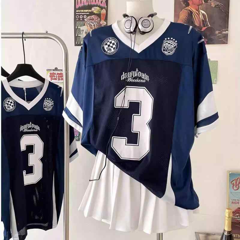 Rakuten - Tシャツ レディース スウェット トップス アメリカン スポーツ カジュアル ストリート 半袖 Vネック メッシュ 通気性 ゆったり オーバーサイズ ネイビー ホワイト