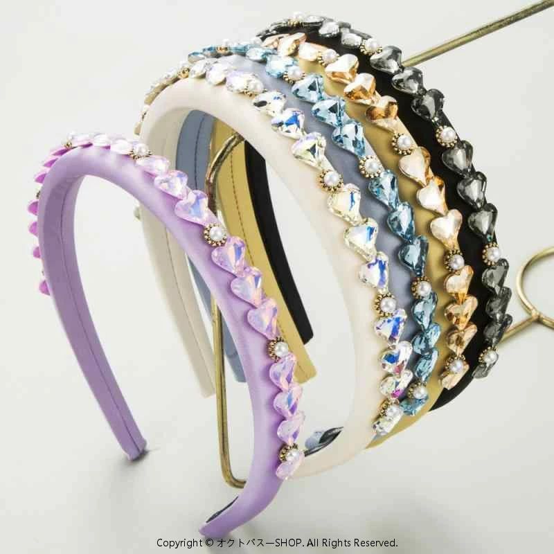 Rakuten - ヘアアクセサリー レディース 韓国風 細め カチューシャ クッション ファブリック製 ハート ラインストーン 個性的デザイン ブラック ブルー イエロー ホワイト パープル