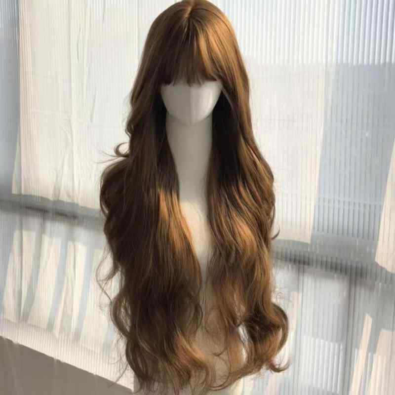 Rakuten - 小顔効果 ウィッグ レディース 85cm 蜜茶アッシュ 高品質 耐熱性 ロング 大波浪 ウェーブカール ぱっつん前髪 フルウィッグ JKスタイル ナチュラル