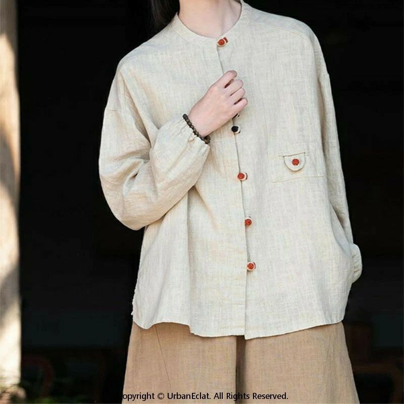 乐天商城 - レディース 麻混シャツ ブラウス 長袖 春夏 麻素材 前開き 羽織り カーディガン風 おしゃれな落ち着きスタイル カラフル チャイナボタン ゆったり 体型カバー ナチュラル 大人カジュアル 通勤 オフィスカジュアル 日常 おしゃれ 上品