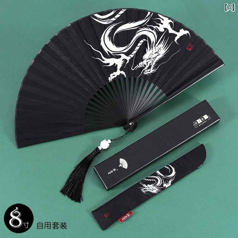 ピースセレクトの扇子 龍 ドラゴン レトロ シルク ダーク 黒 ブラック 学生 チャイナ 中国 中華 ダンス 踊り 小道具 小物 ヴィンテージライク カジュアル 男女｜アングル2