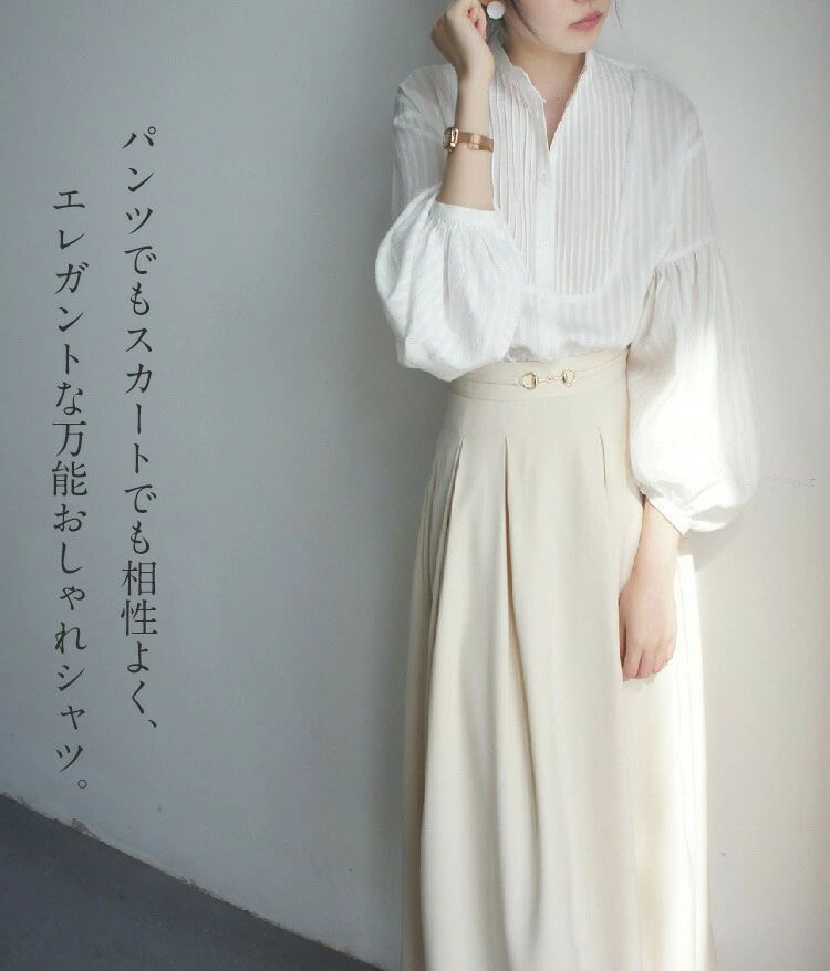 乐天商城 - シャツ レディース 長袖 ブラウス シャツブラウス トップス バルーン袖 ぽわん袖 ドロップショルダー バンドカラー ボタン 前開き ピンタック ギャザー デザイン おしゃれ フォーマル 通勤 事務所 白/ホワイト S/M/L/XL