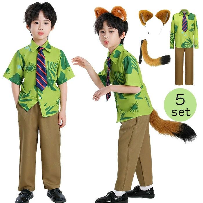 乐天商城 - ハロウィン キッズ コスプレ キツネ詐欺師 ニック 子供しっぽ 可愛い 耳付 しっぽ 仮装 学園祭 シャツ パンツ ネクタイ 3点セット 5点セット 衣装 かわいい 動物 グリーン