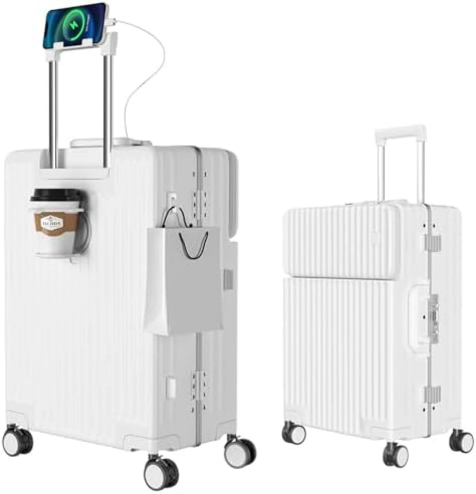 スーツケース 多機能フロントオープン キャリーケース ストッパー付き 機内持ち込み キャリーバッグ 携帯スタンド USBポート付き カップホルダー付き 隠しフック機能 超軽量 耐衝撃 静音 360度回 pieceselect1-10018219 ピースセレクト パッケージ画像