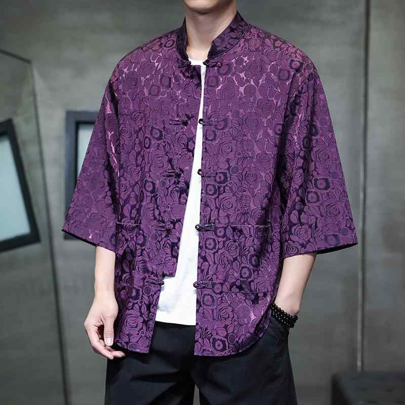 樂天商城 - 夏服 メンズ シャツ 紫 ダーク 総柄 チャイナ レトロ 中国 ストリート 唐装 漢服 半袖 ゆったり 七分袖 カジュアル 柄入り
