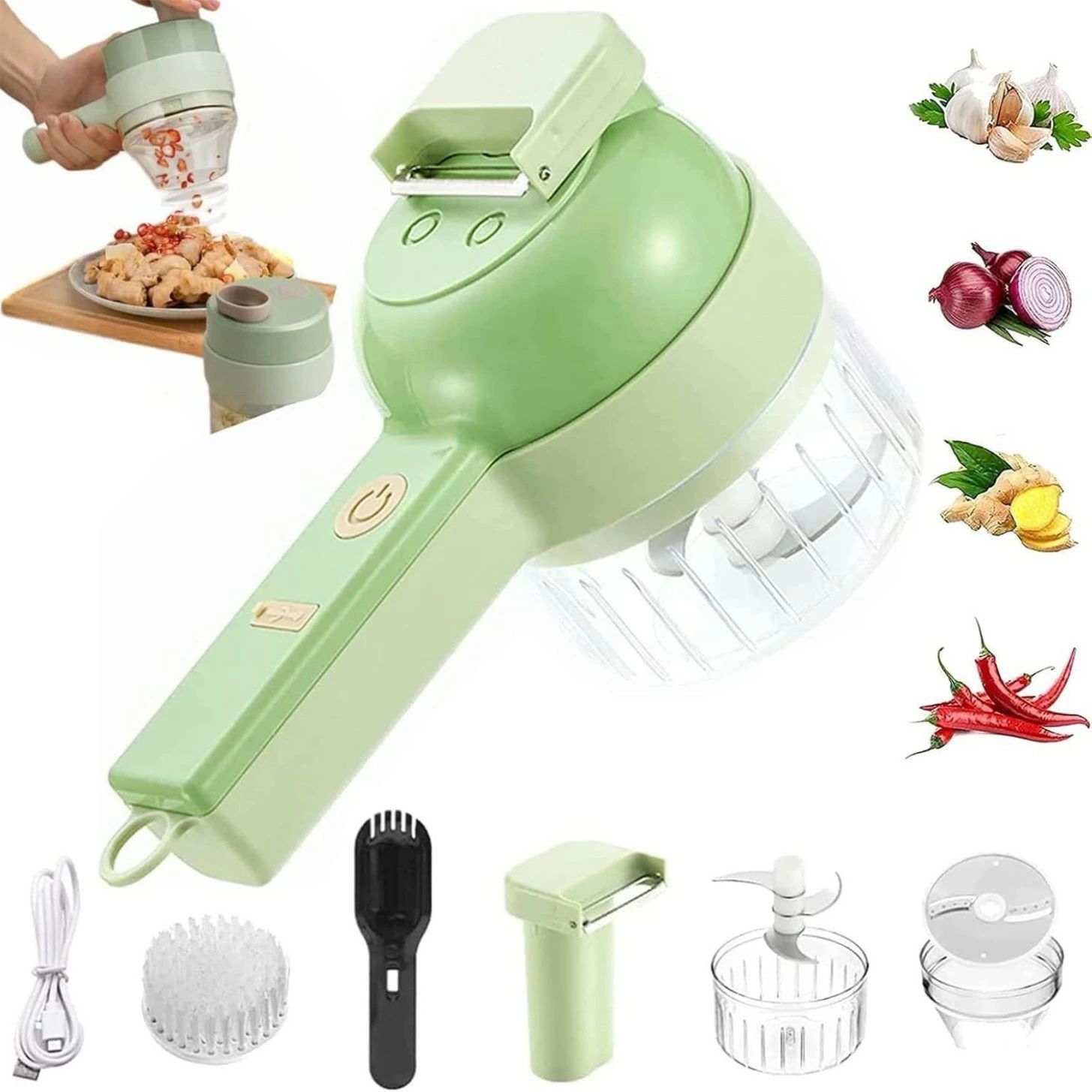 4イン1ポータブル電動野菜カッターセット、多機能コードレス電気食品スモールスライサー、タマネギダイ..