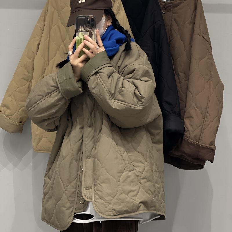 Rakuten - 冬服 暖かい 防寒 アウター 秋冬 大きいサイズ キルティングコート ゆったり ショート丈 薄手 長袖 ジャケット 前開きボタン ノ