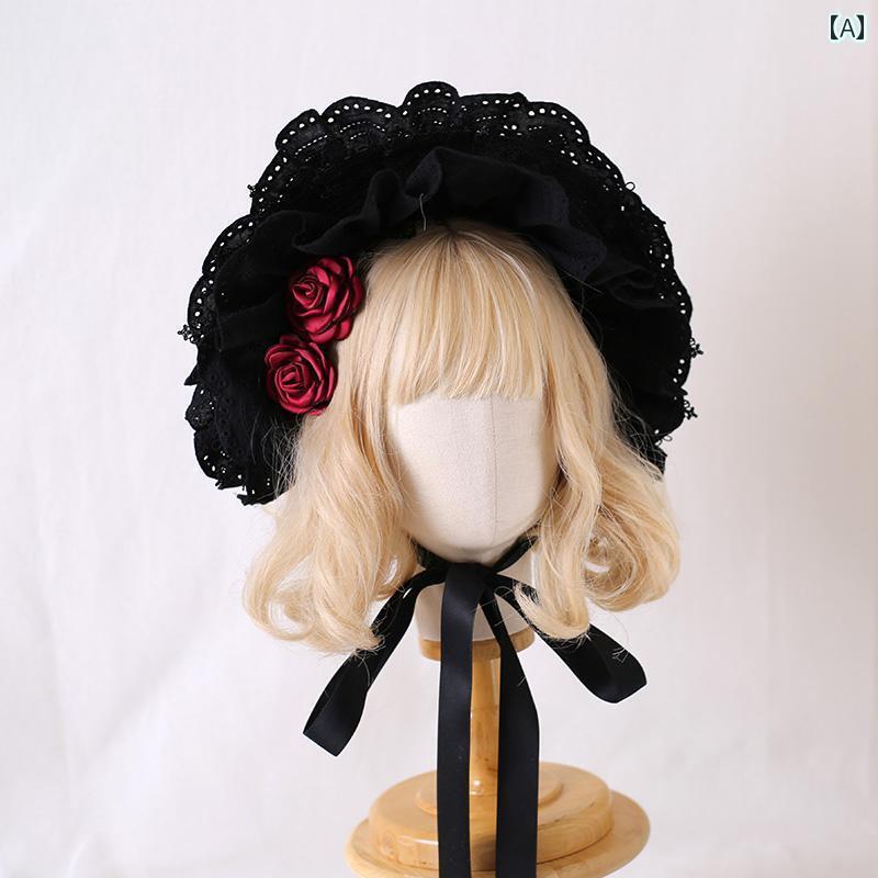 ボンネット 帽子 大人 ヘッドドレス ゴシック ロリータ ガーデン パーティー 衣装 レース 華やか かわいい 赤 黒 リボン 花