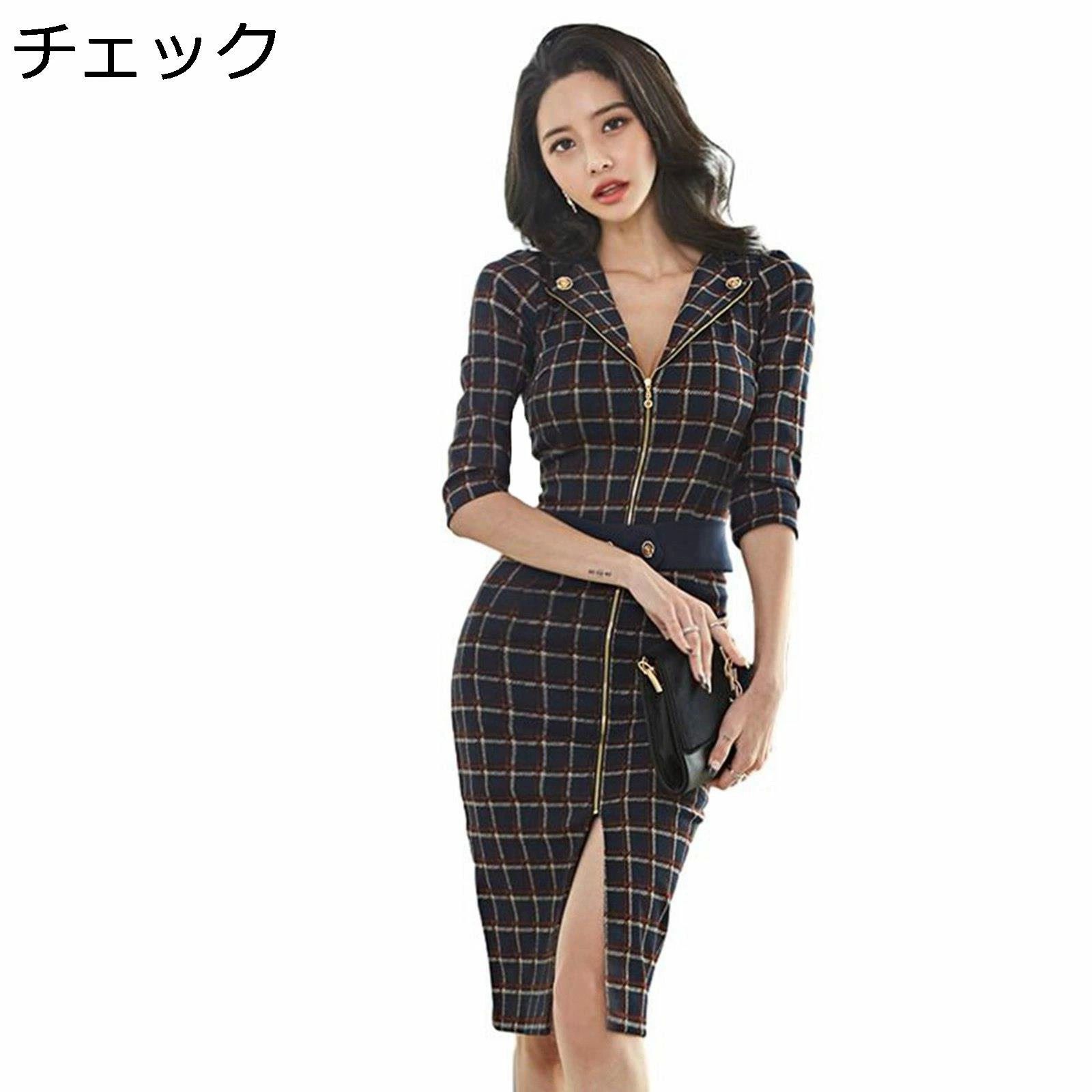 乐天商城 - ワンピ キャバドレス カシュクール ミニドレス ジップ スリット タイトワンピース vネック デコルテ セクシー 膝丈 グラマラス 韓国 レディース 春夏秋 スリム ハイウエスト フォーマル 通勤 OL