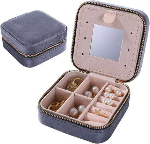 珠宝饰物箱 - ジュエリーボックス アクセサリーケース ジュエリー収納 鏡付き 宝石箱 ミニ 携帯用 おしゃれ コンパクト 持ち運び 小物入れ ピアス ネックレス リング 指輪置き 女の子 女性用 グレー 10×10