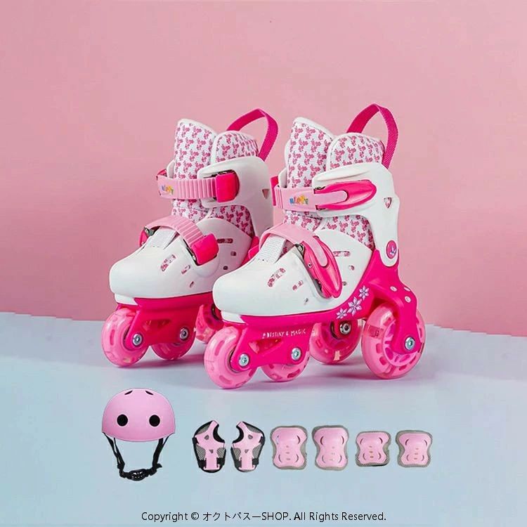 ローラースケート ローラーシューズ 子供用 ジュニア キッズ サイズ調整可能 発光 初心者向け クワッドローラー インラインスケート ローラーブレード ローラーシューズPU★工具不要、一つボタンで0.6センチ間隔の4段階サイズに変更できます。XS:16−18.5 S:19~21.5cm 2つ種類サイズを選べ、家族で楽しめます！ ★大きな特徴は、なんと！ウィールが回転するとィールが光ります！！暗い場所だとキレイに光るのが分かります！、ホイールはABEC-7ベアリング採用して、スムーズを保証します！ ★4つウイールが三隅に配置され、安定感が大幅に向上させ、初心者でもトライしやすいです。 ★プッシュボタン方式で簡単にサイズの調節できるようになっており、成長過程のお子様が長い間履き続けられるようになっています。 ★1*スケート1*ニーパット,1*エルボーパット等の防護具(プロテクター) メーカー希望小売価格はメーカーカタログに基づいて掲載しています