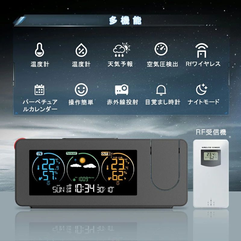 デジタル時計 多機能時計 目覚まし時計 LED時計 プロジェクター スヌーズ クロック 置き時計 壁/天井投影 温度/湿度/パーペチュアルカレンダー/アラーム 携帯充電 自動輝度調節 投影180