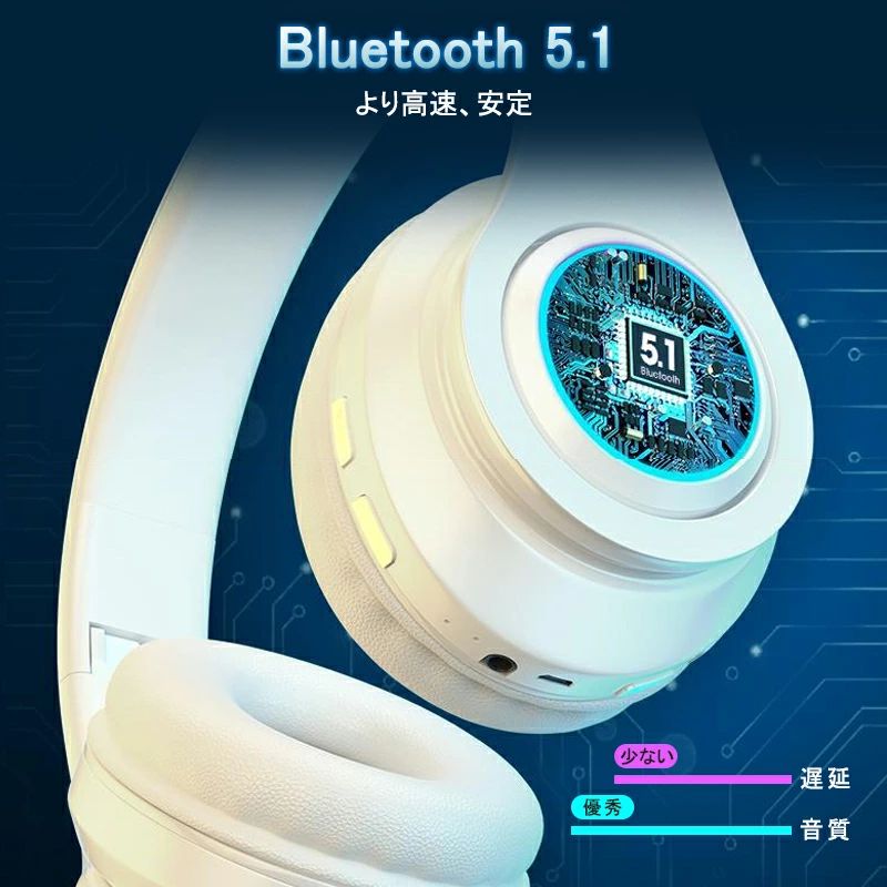 Bluetoothヘッドホン ワイヤレスヘッドセット密閉型 折りたたみ式 bluetooth 5.1 マイクロSDカード ハンズフリー 虹色オーバーイヤーヘッドフォン RGBライト 音楽 通話 電話 有線