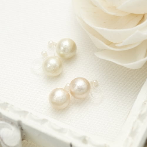 イヤリング レディース 10mm珠コットンパールのノンホールピアス バックパール付き ポリプロピレン製樹脂パーツ オフホワイト シャンパン 日本製 フェイクパー...
