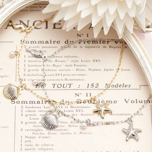 アンクレット レディース スクエアチェーン ニッケルフリー 日本製 マリンチャーム 足首を華奢にマーク 貝殻 ヒトデ パール タツノオトシゴ キュート&エレガン...