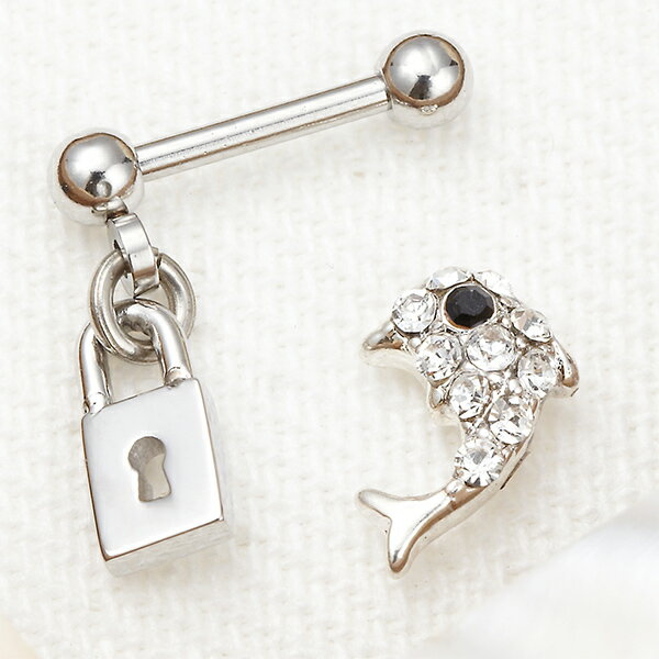 ボディピアス つけっぱなし レディース 南京錠とイルカモチーフのストレートバーベル 金属アレルギー対応 18G 16G 1個売り ロブ 軟骨 耳たぶ サージカル...