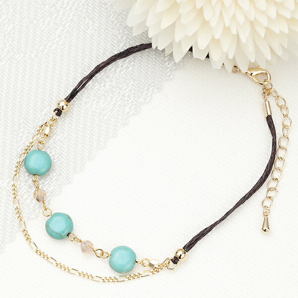 アンクレット 日本製 ターコイズ ストーンビーズ ブラウンロープ リゾート ゴールドチェーン 足首回り21cm +5cm メール便 送料無料 プレゼント 春夏秋...