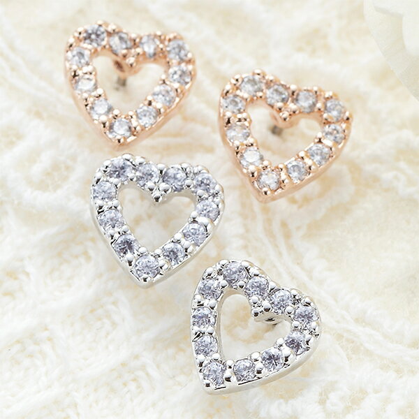 スタッドピアス チタン製ポスト 金属アレルギー対応 キュービックジルコニア オープンハートビジュー 小ぶり レディース オシャレ かわいい デイリー お仕事用 ...