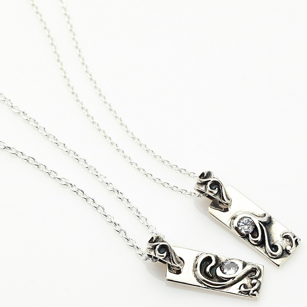 アラベスクハートのプレートペアネックレスセット キュービックジルコニア CZ スクエア形プレート シルバー925製 男女ペア カップル 記念日 プレゼント用 送...