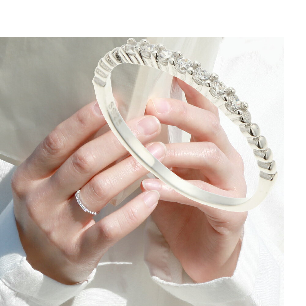 リング レディース キュービックジルコニア シルバー925製 ハーフエタニティ 細身 メタル シンプル カジュアル 大人かわいい 重ね付け用にも プレゼント ギ...