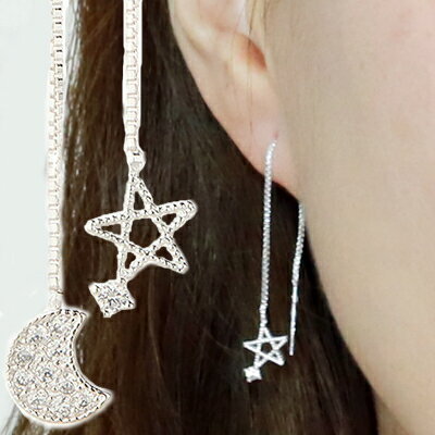 ピアス レディース キュービックジルコニア シルバー925製 三日月 星 ミドルアメリカン 揺れる アシンメトリー 短め 小振り チェーン かわいい シンプル ...