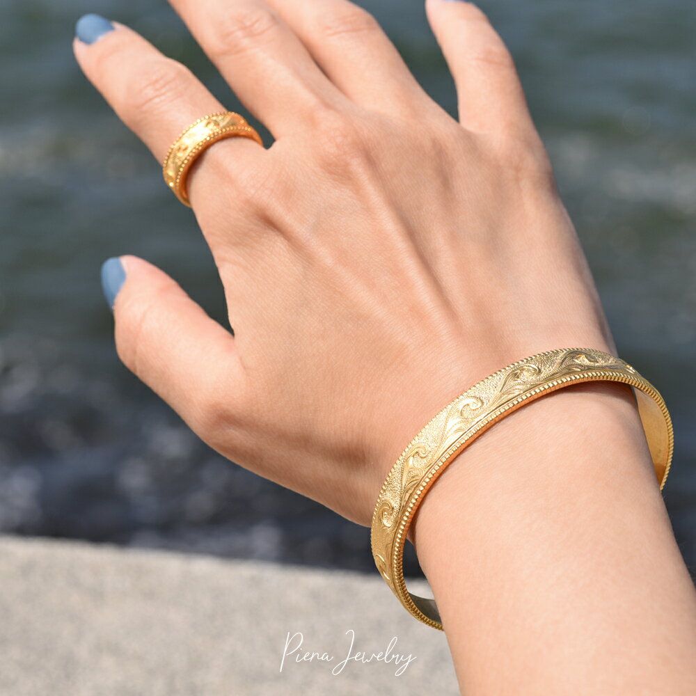 ハワイアンジュエリー バングル リング 2点セット レディース メンズ サージカルステンレス シルバー ゴールド ピンクゴールド ミル打ち スクロール ナル 波...