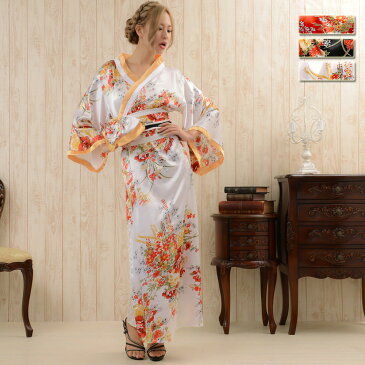 着物ドレス レディース 花魁風帯付き和柄サテンロングドレス 和柄 衣装 よさこい 花魁 コスプレ キャバドレス 送料無料 ブラック ホワイト レッド 秋冬 大人気