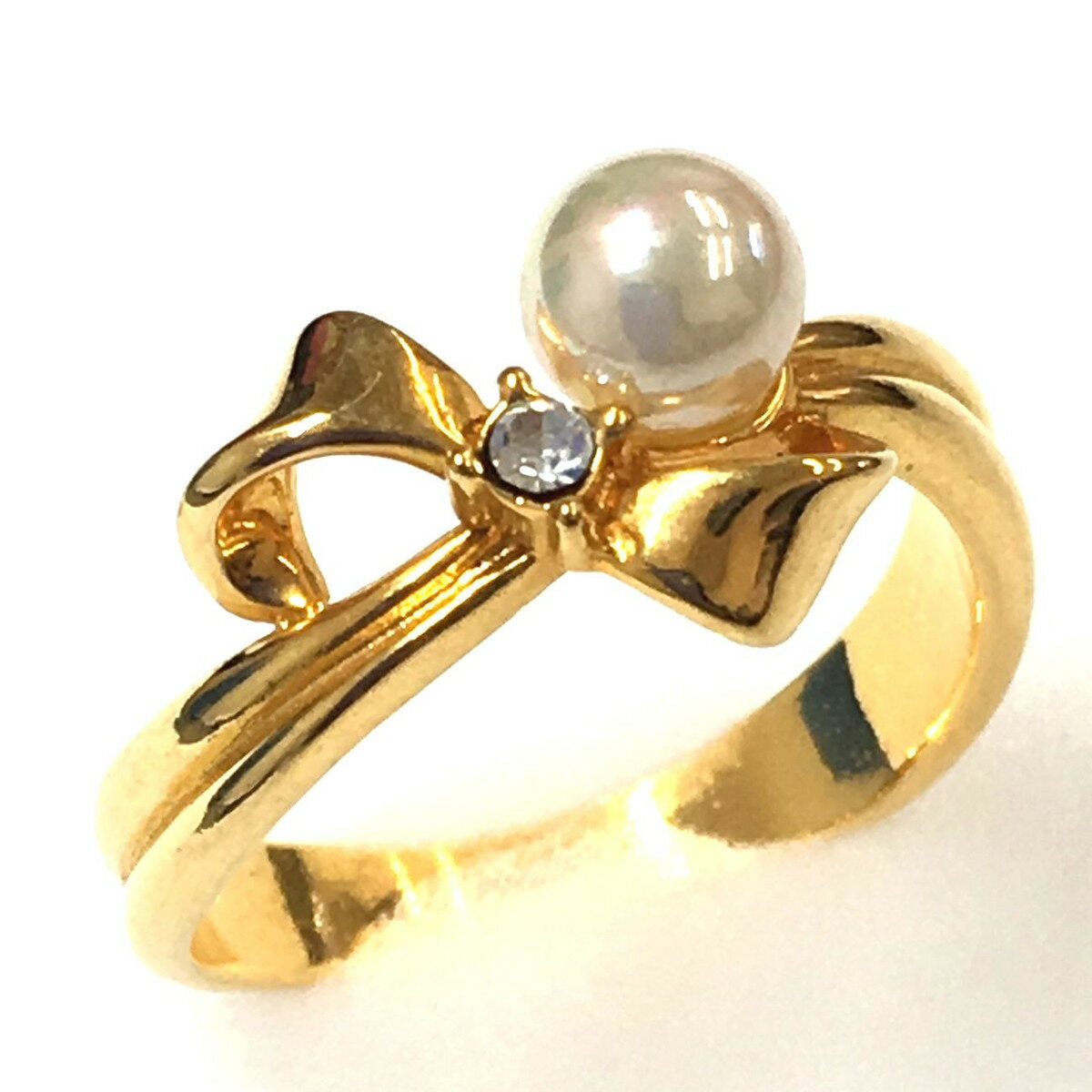 可愛いリング 指輪 レディース 日本製 スワロ使用 リボンに真珠の乗った シルバー ゴールド 甘い系
