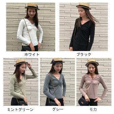 カットソー レディース 秋冬 Vネック 胸ギャザー 長袖 ポリエステル シンプル 着やせ