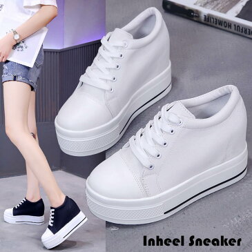 スニーカー レディース 春夏秋冬 インヒール 厚底 ローカット レースアップ 合皮