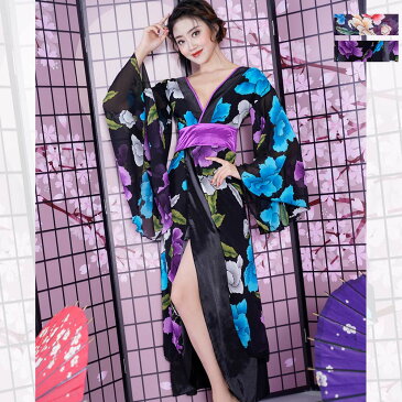 フラワーロング着物ドレス キャバドレス 女性用 和柄 衣装 ダンス よさこい 花魁 コスプレ 撮影 シースルー 柄大きめ