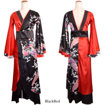 ツートンカラー孔雀和柄ロング着物ドレス キャバドレス レディース 和柄 衣装 ダンス よさこい 花魁 コスプレ カラー豊富