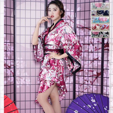 サテン和柄ロング着物ドレス キャバドレス レディース 衣装 ダンス よさこい 花魁 コスプレ ハロウィン リボン 華やか