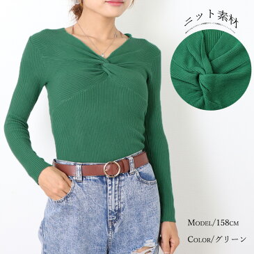 ニットトップス レディース 秋冬 ひねり ニットソー Vネック ポリエステル ストレッチ