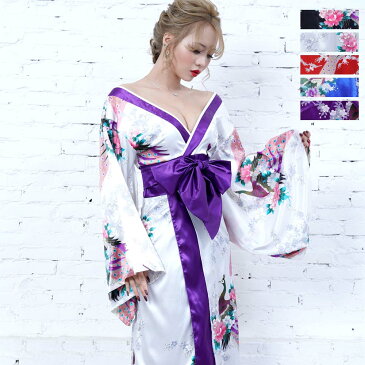 孔雀和柄ロング着物ドレス キャバドレス レディース ロング丈 和柄 よさこい 花魁 コスプレ 衣装 お洒落 選べるカラー