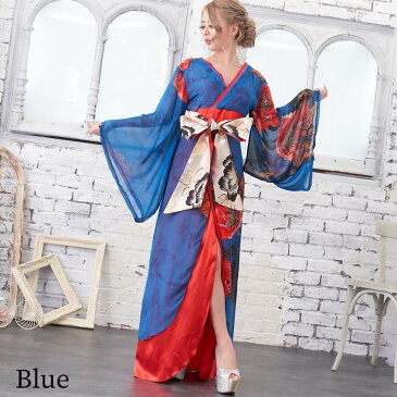シフォンパネル柄ロング着物ドレス キャバドレス 女性用 透け感 バックVネック カラフル 衣装 ダンス よさこい 花魁 コスプレ